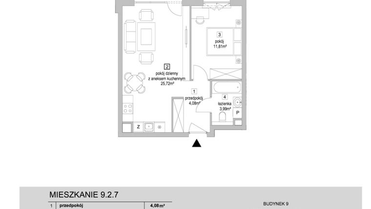 Rzut - Mieszkanie na sprzedaż 2 pokoje o powierzchni 45,6 m² - numer 9.2.7 w Osiedle Przyjemne IV