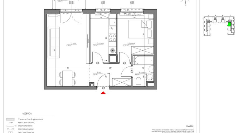 Rzut - Mieszkanie na sprzedaż 2 pokoje o powierzchni 44,14 m² - numer D/137/M w City Vibe