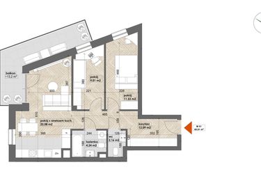 Rzut - Mieszkanie na sprzedaż 3 pokoje o powierzchni 60,91 m² - numer 51 w Apartamenty Śródmieście