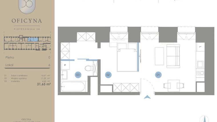 Rzut - Mieszkanie na sprzedaż 1 pokój o powierzchni 31,65 m² - numer 6 w Oficyna - Apartamenty Inwestycyjne Apart Hotel