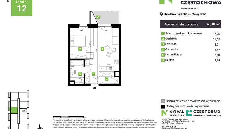 Rzut - Mieszkanie na sprzedaż 2 pokoje o powierzchni 43,38 m² - numer D12 w Nowa Częstochowa Małopolska etap II