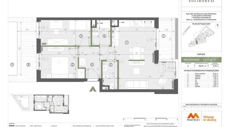 Rzut - Mieszkanie na sprzedaż 3 pokoje o powierzchni 62,77 m² - numer F2.D.00.01 w Sady Żoliborz II