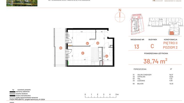 Rzut - Mieszkanie na sprzedaż 2 pokoje o powierzchni 38,74 m² - numer 18.13 w Osiedle Nowe Horyzonty etap II