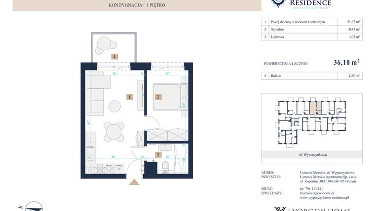 Rzut - Mieszkanie na sprzedaż 2 pokoje o powierzchni 36,1 m² - numer 23 w Wypoczynkowa Residence