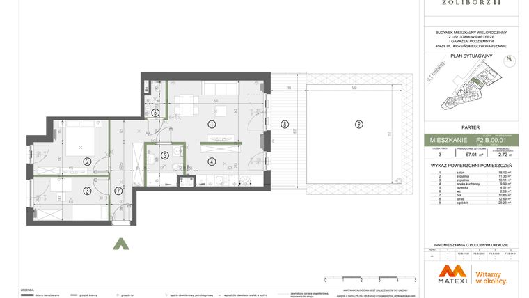 Rzut - Mieszkanie na sprzedaż 3 pokoje o powierzchni 67,01 m² - numer F2.B.00.01 w Sady Żoliborz II