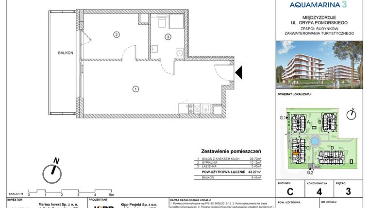 Rzut - Mieszkanie na sprzedaż 2 pokoje o powierzchni 42,27 m² - numer C4.07 w Aquamarina 3