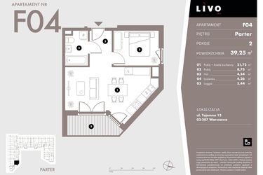Rzut - Mieszkanie na sprzedaż 2 pokoje o powierzchni 39,25 m² - numer F04 w Livo