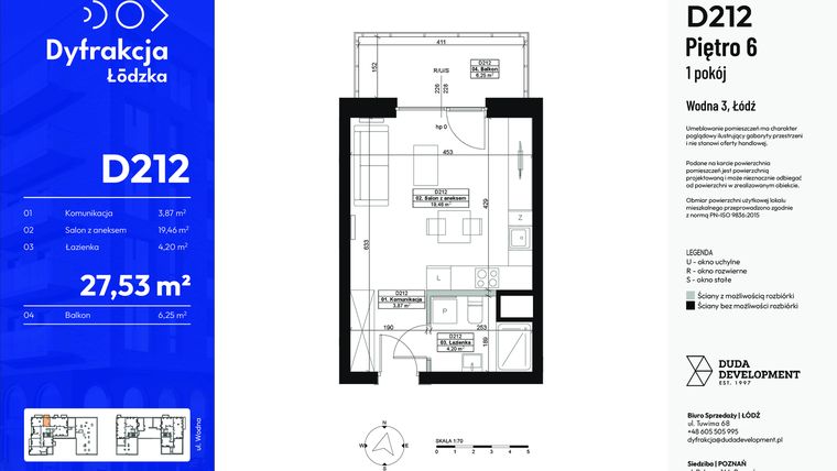 Rzut - Mieszkanie na sprzedaż 1 pokój o powierzchni 27,53 m² - numer D212 w Dyfrakcja Łódzka - bud. CD