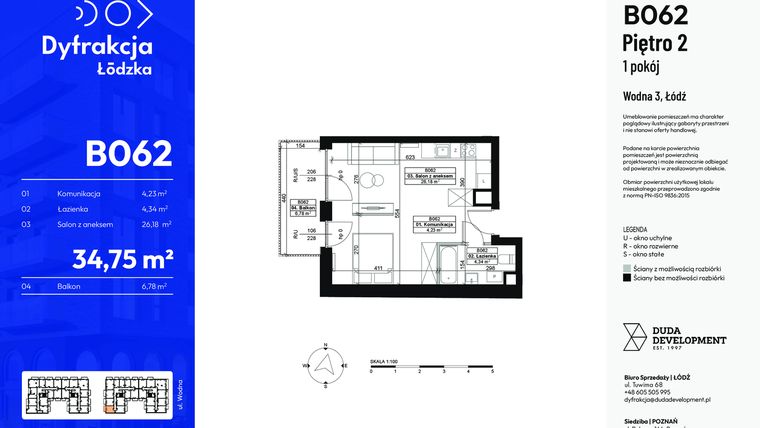 Rzut - Mieszkanie na sprzedaż 1 pokój o powierzchni 34,75 m² - numer B062 w Dyfrakcja Łódzka