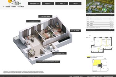 Rzut - Mieszkanie na sprzedaż 3 pokoje o powierzchni 66,83 m² - numer B.1.1 w Dobry Poranek