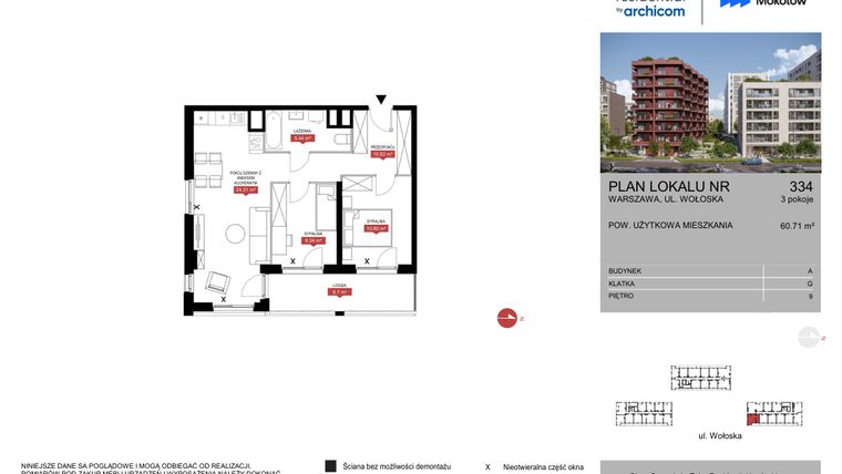 Rzut - Mieszkanie na sprzedaż 3 pokoje o powierzchni 60,71 m² - numer A.334 w Modern Mokotów etap 1 budynek A, B1 i B2