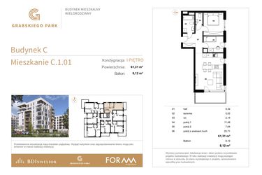 Rzut - Mieszkanie na sprzedaż 3 pokoje o powierzchni 61,31 m² - numer C.1.01 w Grabskiego Park