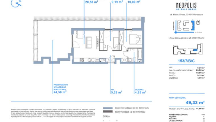Rzut - Mieszkanie na sprzedaż 3 pokoje o powierzchni 49,33 m² - numer C.153 w Neopolis III