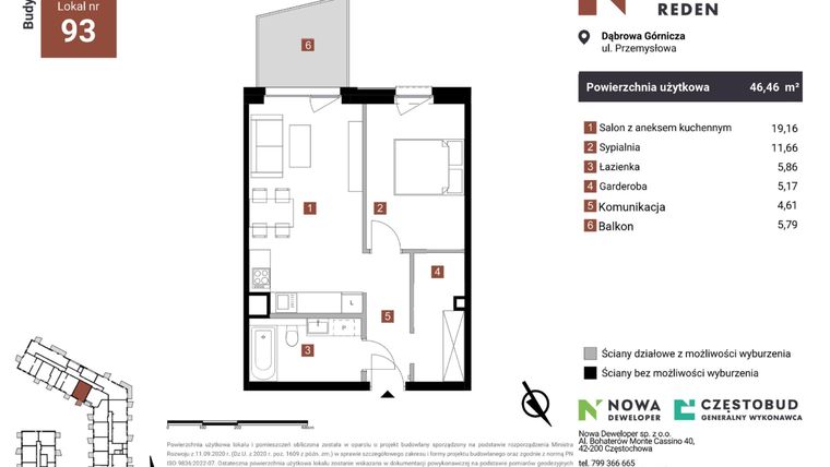 Rzut - Mieszkanie na sprzedaż 2 pokoje o powierzchni 46,46 m² - numer A93-I w Nowy Reden