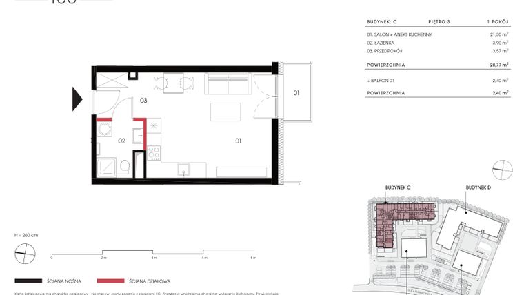 Rzut - Mieszkanie na sprzedaż 1 pokój o powierzchni 28,77 m² - numer C 3.03 w Naramowicka 100