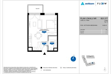 Rzut - Mieszkanie na sprzedaż 1 pokój o powierzchni 34,68 m² - numer B23 277 w Flow - bud. B2 A i bud. B2 B