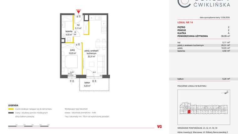 Rzut - Mieszkanie na sprzedaż 2 pokoje o powierzchni 39,95 m² - numer 14 w Concept Ćwiklińska