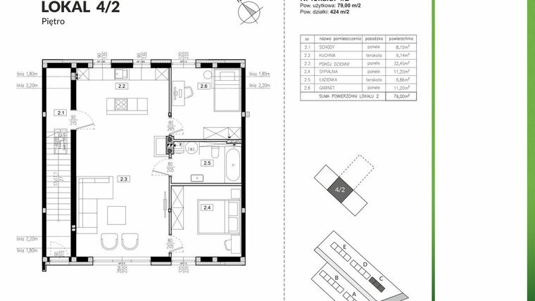 Rzut - Mieszkanie na sprzedaż 3 pokoje o powierzchni 79 m² - numer 4/2 w Szczęśliwa Polana