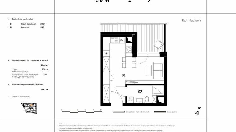 Rzut - Mieszkanie na sprzedaż 1 pokój o powierzchni 28,62 m² - numer A.M.11 w VIDOK