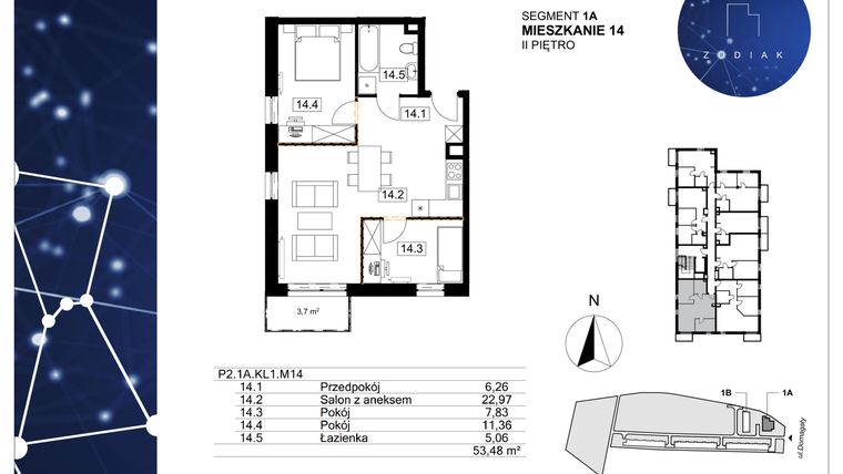 Rzut - Mieszkanie na sprzedaż 3 pokoje o powierzchni 54,59 m² - numer 39/14 w Zodiak