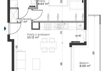 Rzut - Mieszkanie na sprzedaż 2 pokoje o powierzchni 40,58 m² - numer A-24 w Destino