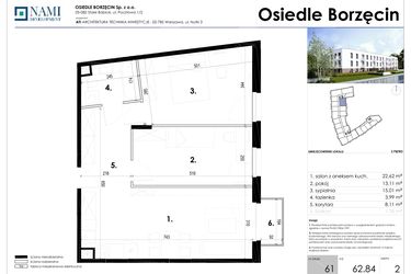 Rzut - Mieszkanie na sprzedaż 3 pokoje o powierzchni 62,84 m² - numer 61 w Osiedle Borzęcin