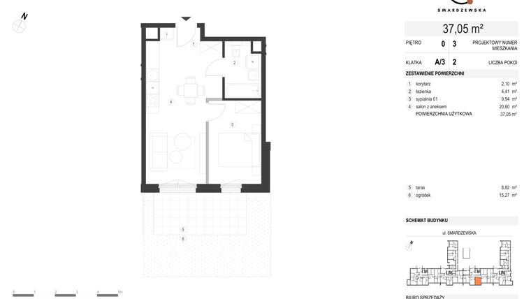 Rzut - Mieszkanie na sprzedaż 2 pokoje o powierzchni 37,18 m² - numer A/3/0.3 w Smardzewska 8