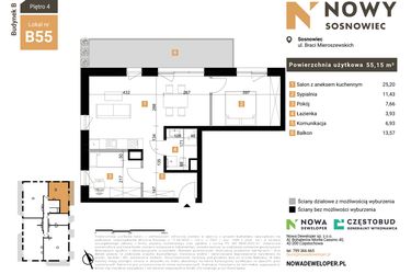 Rzut - Mieszkanie na sprzedaż 3 pokoje o powierzchni 55,15 m² - numer 55 w Nowy Sosnowiec