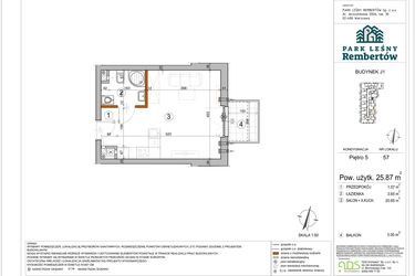 Rzut - Mieszkanie na sprzedaż 1 pokój o powierzchni 25,87 m² - numer J1-57 w Park Leśny Rembertów etap VIII