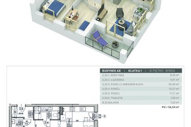 Rzut - Mieszkanie na sprzedaż 3 pokoje o powierzchni 56,54 m² - numer A.8.M20 w Sobola Biel A8