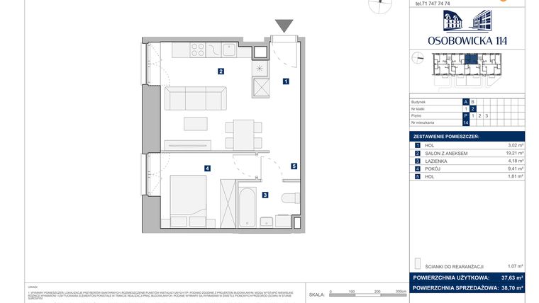Rzut - Mieszkanie na sprzedaż 2 pokoje o powierzchni 38,7 m² - numer A.14 w Osobowicka 114
