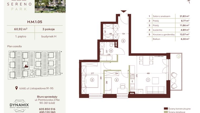 Rzut - Mieszkanie na sprzedaż 3 pokoje o powierzchni 60,92 m² - numer H.M.1.05 w Sereno Park