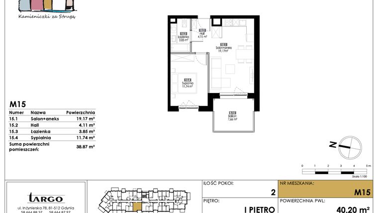 Rzut - Mieszkanie na sprzedaż 2 pokoje o powierzchni 38,87 m² - numer M15 w Kamieniczki za Strugą