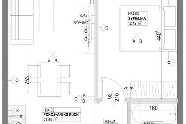 Rzut - Mieszkanie na sprzedaż 2 pokoje o powierzchni 43,69 m² - numer H34 w Miasto Ogród 6 - HELSINKI