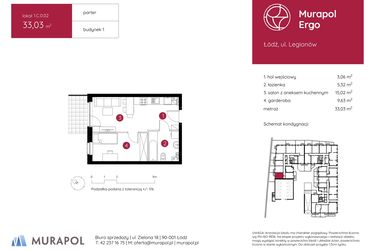 Rzut - Mieszkanie na sprzedaż 1 pokój o powierzchni 33,03 m² - numer 1.C.0.02 w Murapol Ergo