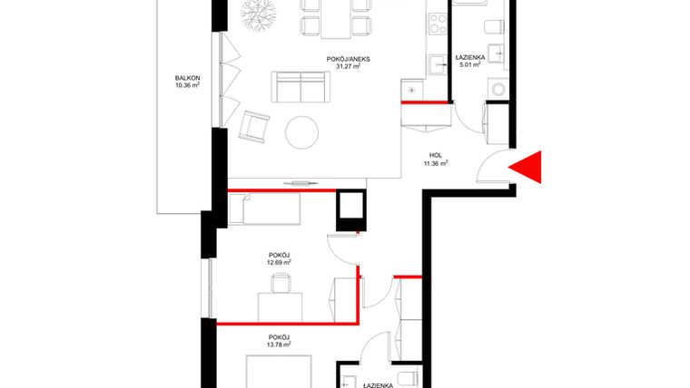 Rzut - Mieszkanie na sprzedaż 3 pokoje o powierzchni 77,42 m² - numer F.3.7 w INSPIRE ETAP V – bud. F, G