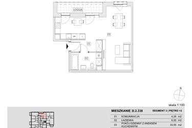 Rzut - Mieszkanie na sprzedaż 1 pokój o powierzchni 43,83 m² - numer 3I.2.338 w Ogrody Geyera Apartamenty