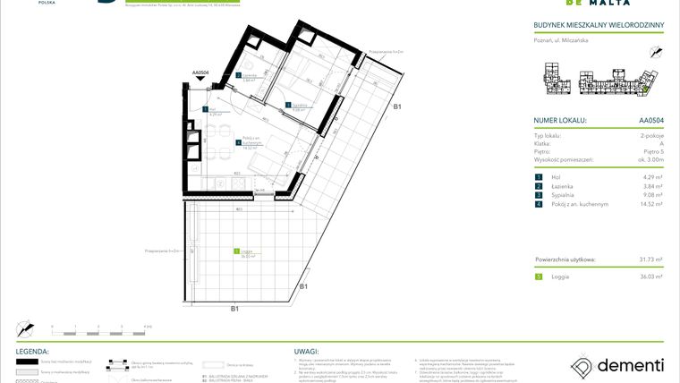 Rzut - Mieszkanie na sprzedaż 2 pokoje o powierzchni 31,73 m² - numer AA0504 w Lune de Malta