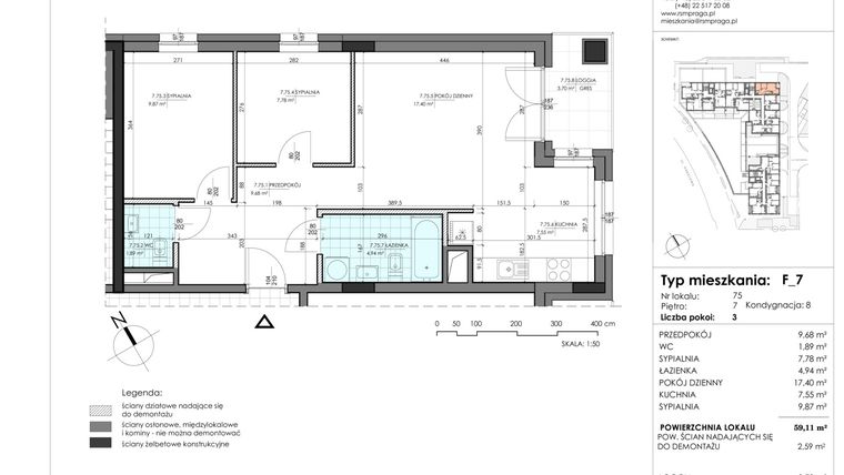 Rzut - Mieszkanie na sprzedaż 3 pokoje o powierzchni 59,11 m² - numer 75 w Przystanek Targówek