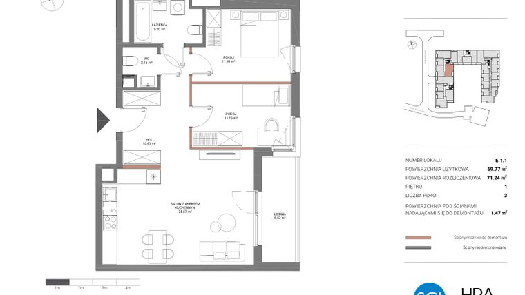 Rzut - Mieszkanie na sprzedaż 3 pokoje o powierzchni 71,24 m² - numer E.1.1 w Łopuszańska 47 - etap 2