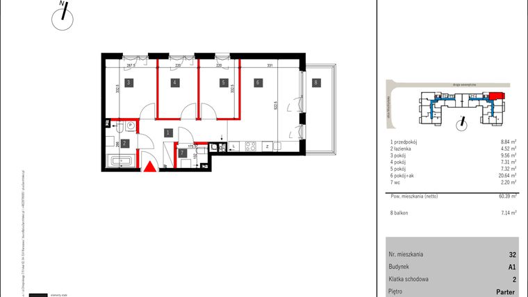 Rzut - Mieszkanie na sprzedaż 4 pokoje o powierzchni 60,39 m² - numer 32 w Mochtyńska 56