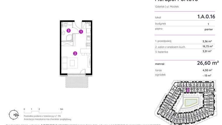 Rzut - Mieszkanie na sprzedaż 1 pokój o powierzchni 26,6 m² - numer 1.A.0.16 w Murapol Portovo etap II