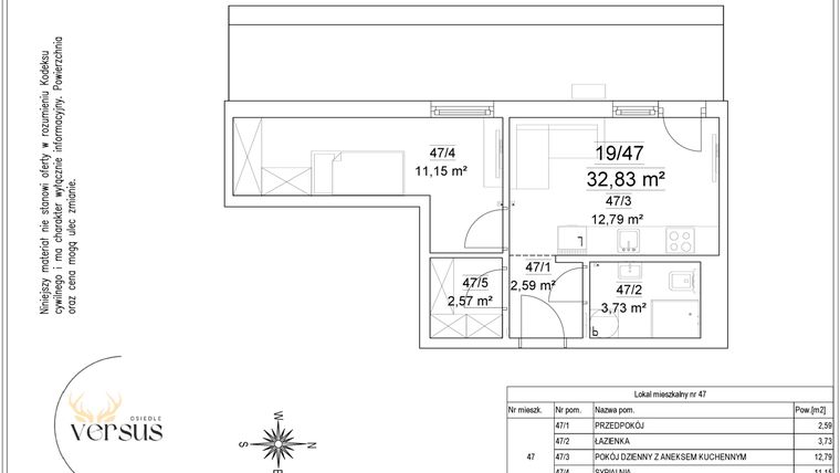 Rzut - Mieszkanie na sprzedaż 2 pokoje o powierzchni 32,83 m² - numer 19/47 w Osiedle Versus etap II