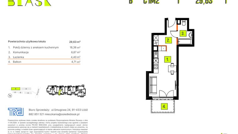 Rzut - Mieszkanie na sprzedaż 1 pokój o powierzchni 29,63 m² - numer C1M2 w Osiedle BLASK - Etap I