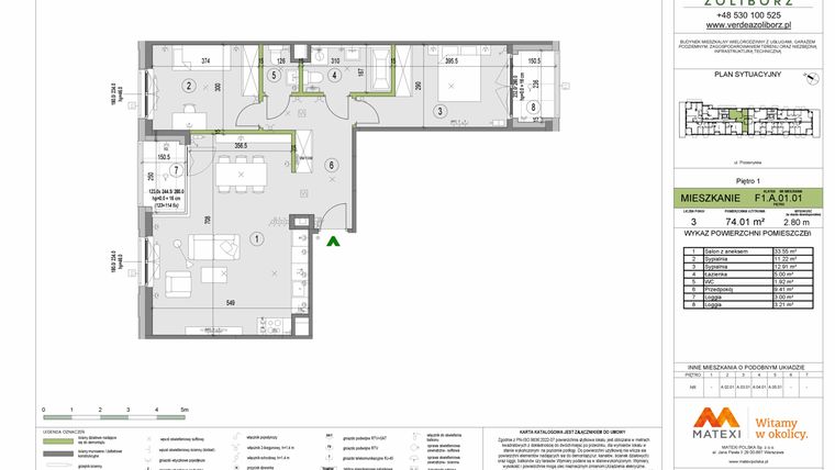 Rzut - Mieszkanie na sprzedaż 3 pokoje o powierzchni 74,01 m² - numer F1.A.01.01 w Verdea Żoliborz