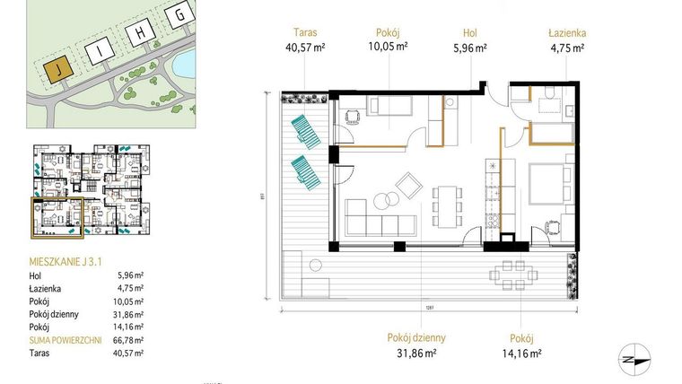 Rzut - Mieszkanie na sprzedaż 3 pokoje o powierzchni 66,78 m² - numer 3.1/J w Panorama Park