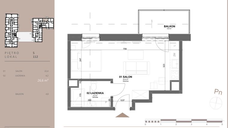 Rzut - Mieszkanie na sprzedaż 1 pokój o powierzchni 26,6 m² - numer 112 w BETWEEN