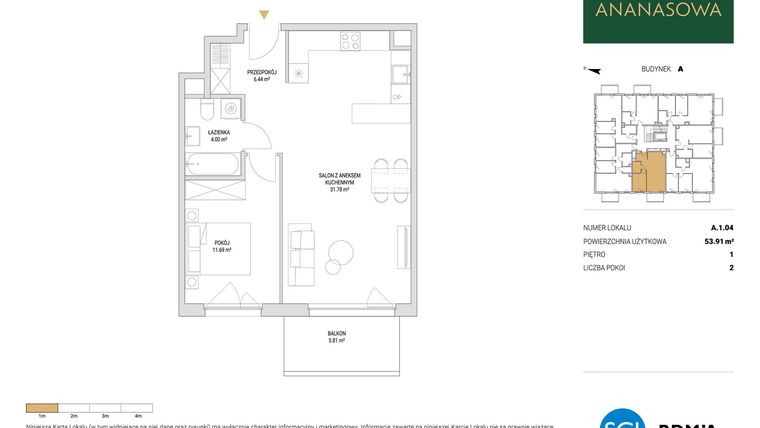 Rzut - Mieszkanie na sprzedaż 2 pokoje o powierzchni 53,91 m² - numer A.1.04 w Ananasowa