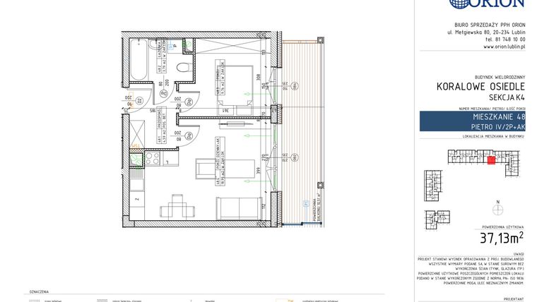Rzut - Mieszkanie na sprzedaż 2 pokoje o powierzchni 37,13 m² - numer K4-48 w Koralowe Osiedle