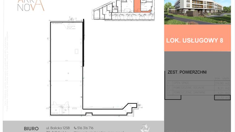 Rzut - Lokal użytkowy na sprzedaż 2 pokoje o powierzchni 222,32 m² - numer LU8 w Arka Nova